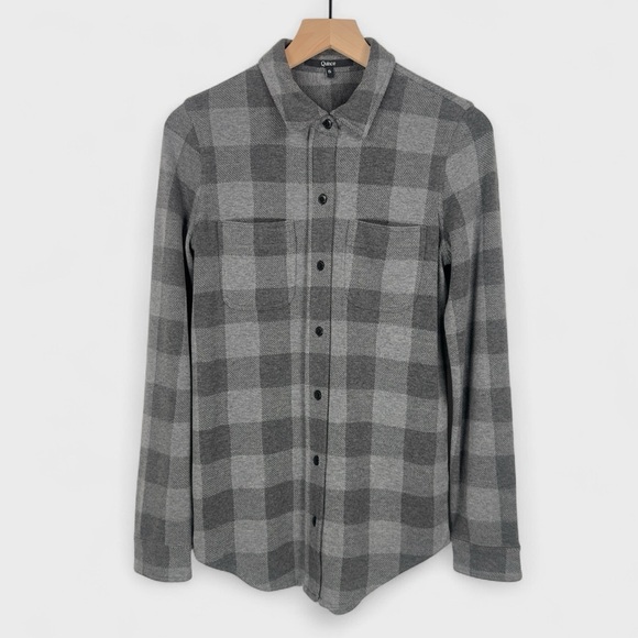 Quince Womens Small Gray Charcoal Plaid Stretch Sweater Fleece Button Down Shirt - Picture 2 of 11